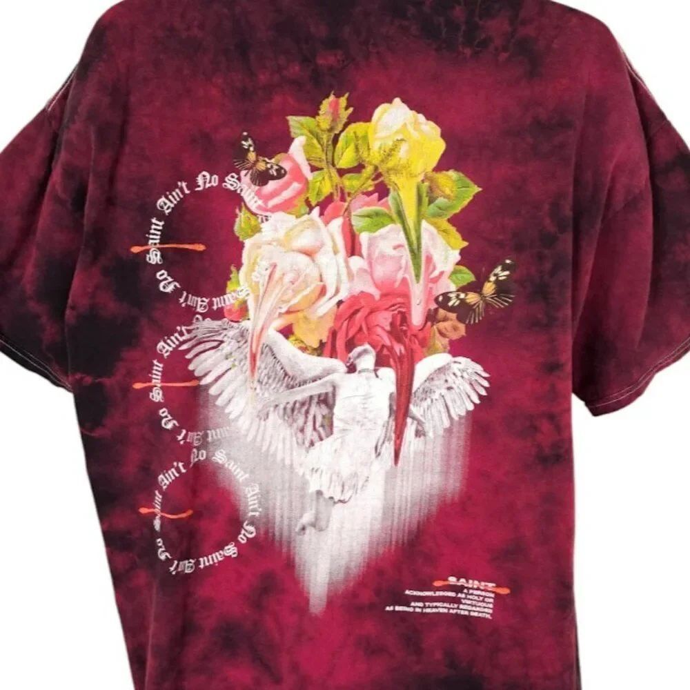 Aint No Saint T Shirt Mens Size XL Red Flowers Floral Angel Streetwear Tie Dye